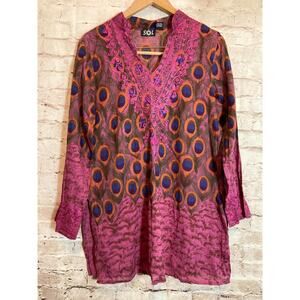 Sivana Spirit Tunic Top Womens XL Pink Embroidered Peacock Print Lightweight